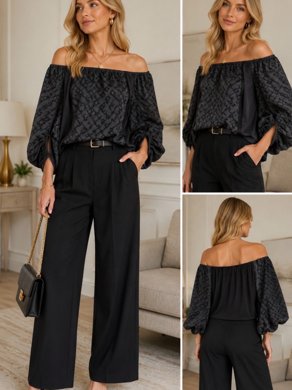 Anne Fontaine Black Off-Shoulder Voluminous Sleeves Statement Top